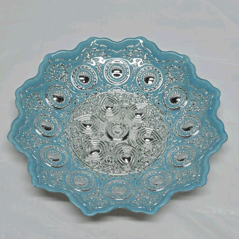 Rare Handmade Turkish Silver Teal Blue Glass Decorative Plate Bowl 9"